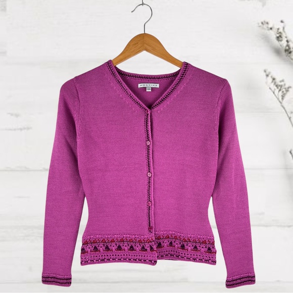 MASTINA Cardigan Wool Blend knitted Fuchsia Crochet Detail Sweater - Picture 2 of 14